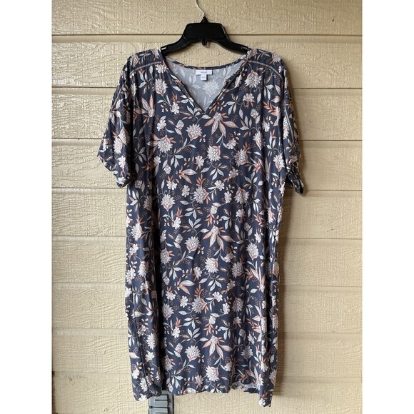 J. Jill women Knee Length Kaftan Style Dress sz Small Gray Floral V Neck Relaxed - Picture 1 of 5